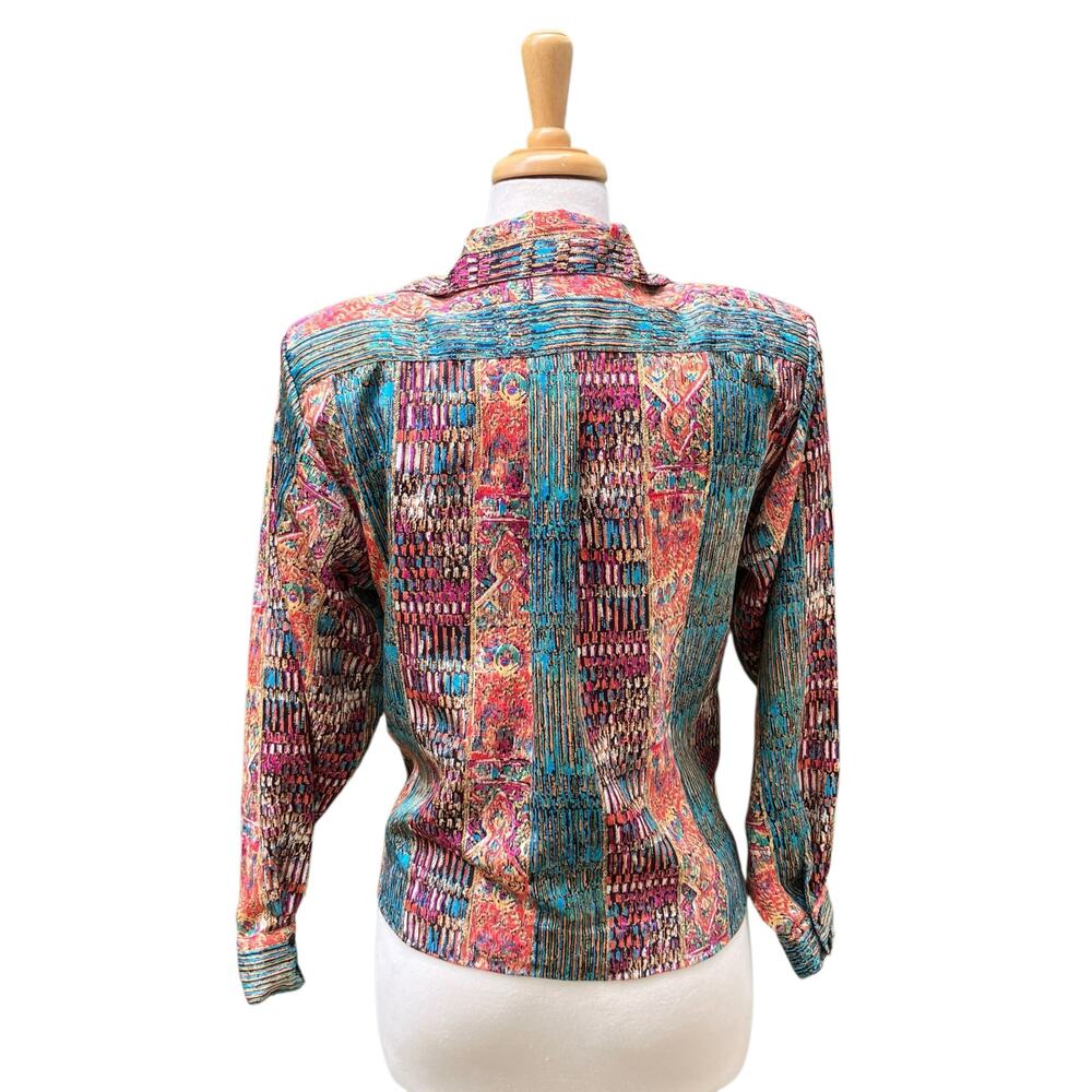 VTG Artsy Patchwork Multi-Print Blouse Sz Md Colorful Tie Front Button Down Top - Picture 7 of 13